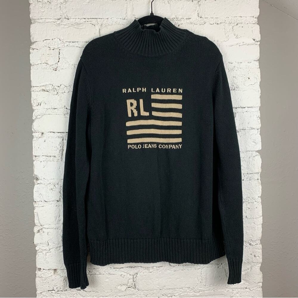 Polo Ralph Lauren 90s VTG American Flag Striped Turtleneck Mock Sweater Black XL